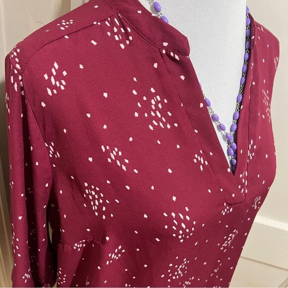 Lush Burgundy Blouse with White Pattern Womens Large - Picture 1 of 8